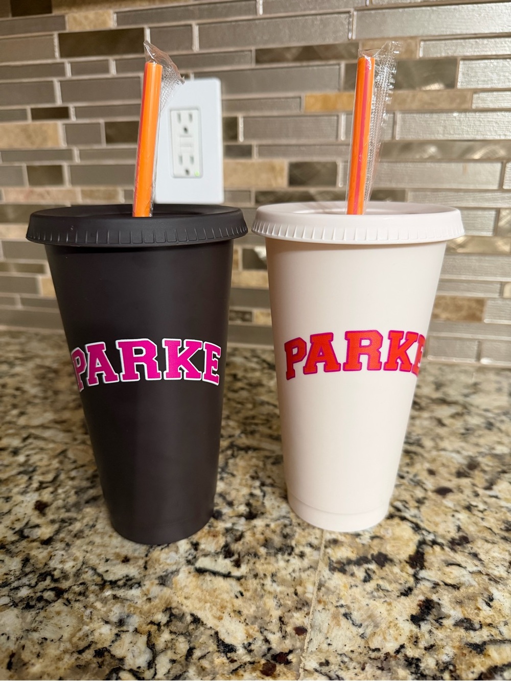 Parker Matte Black & Cream Double Tumbler Set with Pink Logo and Orange Straws